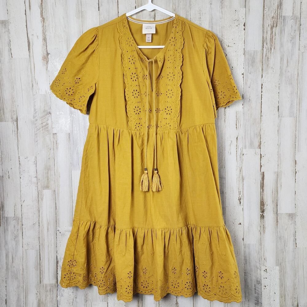 Knox Rose Eyelet Short Sleeve Boho Dress Mustard Size XS